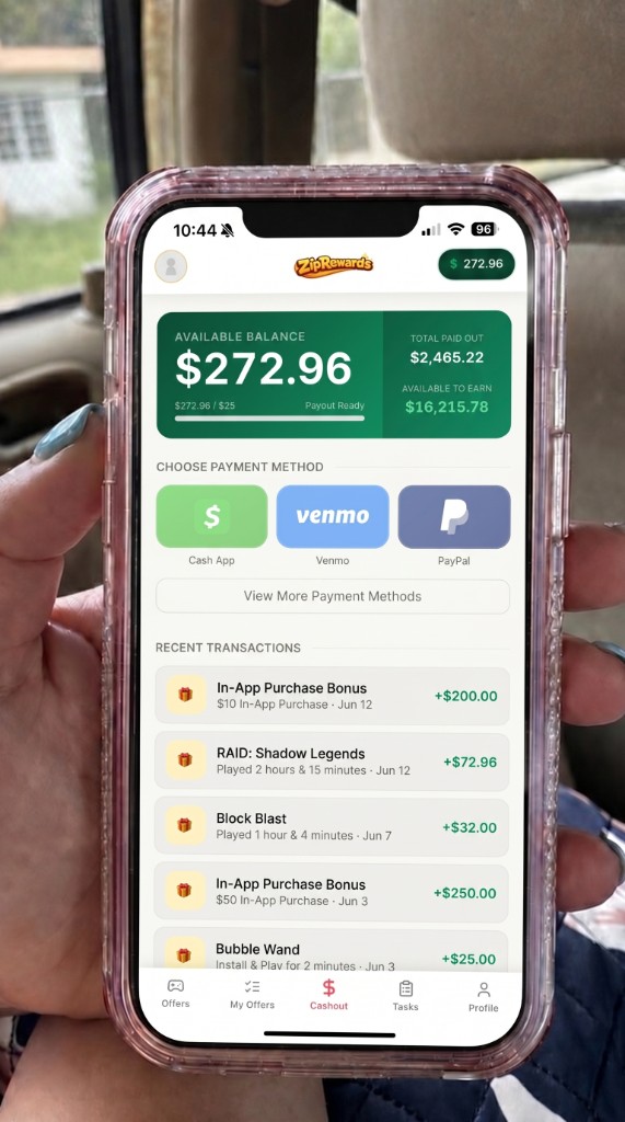 Rewards app showing available cash balance of $272.96